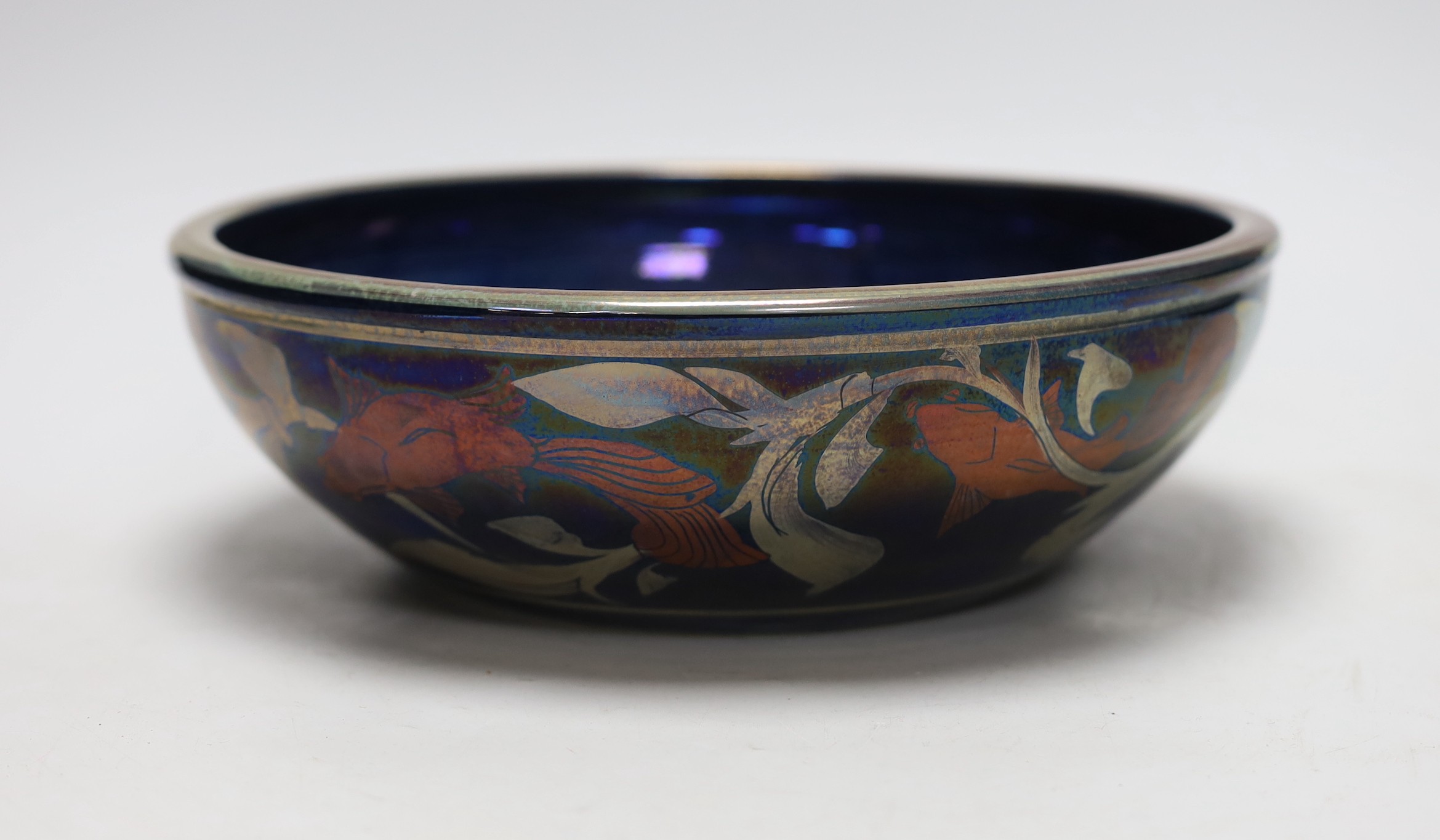 A Chiswell Jones art pottery fish designed lustre bowl, No. 7158, 27cms diameter